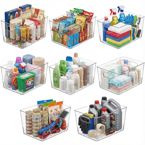 MOONEDGE 8 Pack Clear Plastic Storage Bins 12x8x6in Pantry Organizer | Large Pantry Storage Bins, Cabinet Containers for Under-Sink Storage, Kitchen, Fridge, Bathroom and Home Organization - color: Large 8 Pack