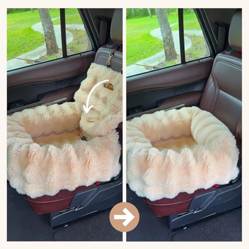 Pelsbarn Luxurious Cozy Car Bed - M/L Luxury Travel Dog Bed with Safety Belt - Ultra Soft Faux Fur - Beige - color: Beige, size: Medium-Large
