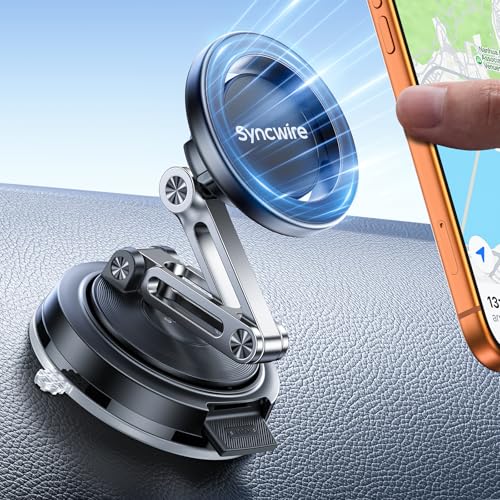 SYNCWIRE for MagSafe Car Mount [3-Axis Adjustable], Vacuum Magnetic Phone Holder with Replaceable Suction Cup Dashboard/Windshield, 360° Rotation & Foldable, for iPhone 17-12 Pro Max Plus - color: Black