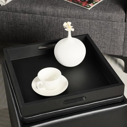 Adeco 17" Black Storage Ottoman Cube with Tray Lid, Small Footstool with Storage, Square End Table for Living Room & Bedroom - color: Black Leather With Tray
