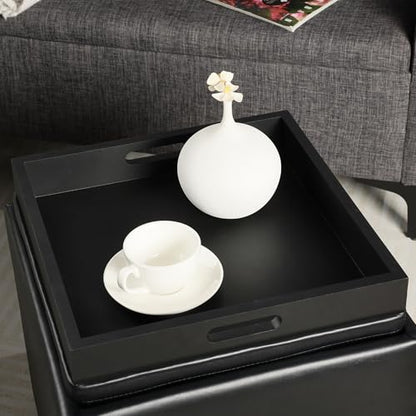 Adeco 17" Black Storage Ottoman Cube with Tray Lid, Small Footstool with Storage, Square End Table for Living Room & Bedroom - color: Black Leather With Tray
