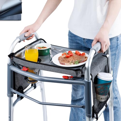 BAGSFY Walker Tray with Cup Holder & Side Pocket – Hard Top Walker Table for Seniors – Folding Walker Accessory for Meals, Reading, Drinks – Non-Slip Surface, Tool-Free Install, Universal Fit - color: Grey, size: With side storage