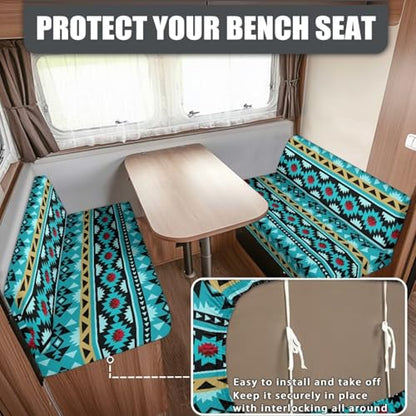 SEANATIVE RV Dinette Cushion Covers Stretch Blue Aztec Printed RV Sofa Seat Slipcovers Replacement Non-Slip Camper Cushion Slipcovers Washable RV Dinette Seat Covers - color: Blue Aztec Print