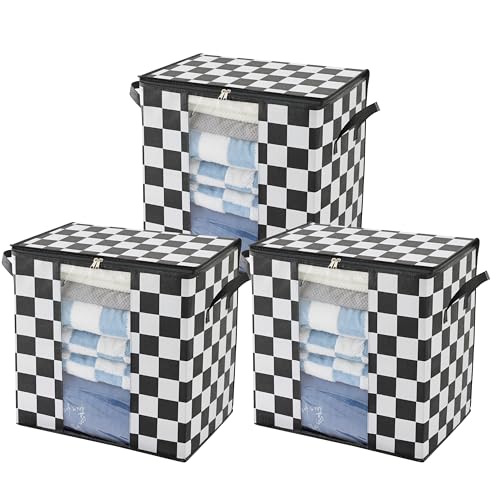 Ohocut Black and White Checkered Clothes Storage Bins, 100L Large Blanket Storage Bags 3 Pack, Closet Organizers and Storage Containers for Comforters, Bedding, Foldable Organizer with Handle - color: Black and White (3 Pack)