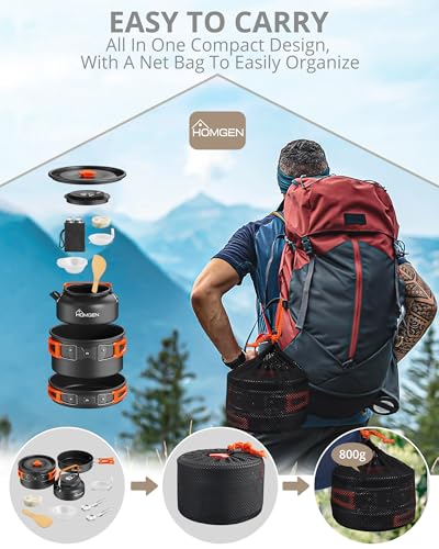 HOMGEN Portable Camp Cooking Set-Ultralight Anodized Aluminum Camping Cookware Set for 2 People with Nesting Non-Stick Frying Pot/Pan-800ml Insulated Teapot etc-Compact Backpacking Gear for Camping