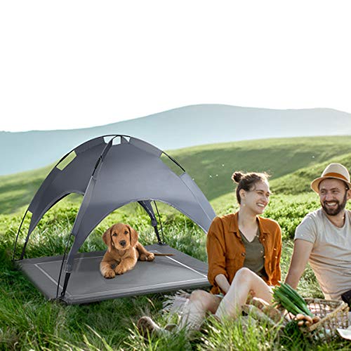 Giantex Elevated Dog Bed with Removable Canopy, Portable Raised Pet Cot Cooling Dog Bed for Camping Beach Lawn, Keep Dogs Cats Cool in Summer, Breathable Fabric Steel Frame, Easy Assembly - size: L (35.5'' x 32'' x 32'')