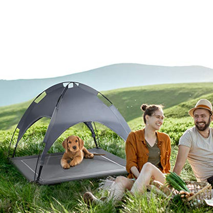 Giantex Elevated Dog Bed with Removable Canopy, Portable Raised Pet Cot Cooling Dog Bed for Camping Beach Lawn, Keep Dogs Cats Cool in Summer, Breathable Fabric Steel Frame, Easy Assembly - size: L (35.5'' x 32'' x 32'')