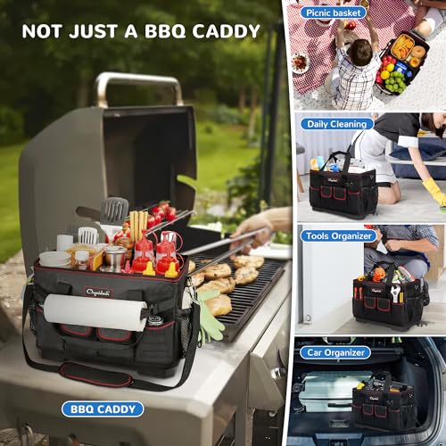 Chyaidach Large Grill Caddy with Hard Bottom and Paper Towel Holder, Picnic BBQ Condiment Utensil Organizer Caddy for Blackstone Griddle Accessories, Camping Essential, Outdoor Cooking, Tailgate, RV