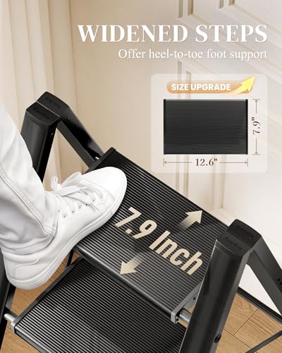 2 Step Ladder, Folding Step Stool with Wider Pedal, Anti-Slip Feet & Non Slip Stripes, Aluminum Sturdy Material, 300Lbs Capacity, Elegant Look of Piano Black Better Matches Your Home - color: Black, size: 2 Step