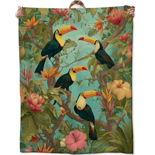 Tropical Toucan Blanket, Vibrant Jungle Flower Blankts, Gifts for Nature Lovers, Home Dorm Cabin Pet Area Picnic and Travel Decor, Soft Cozy Lightweight Flannel Throw, 40"x50" - color: Toucan, size: 40x50 inch