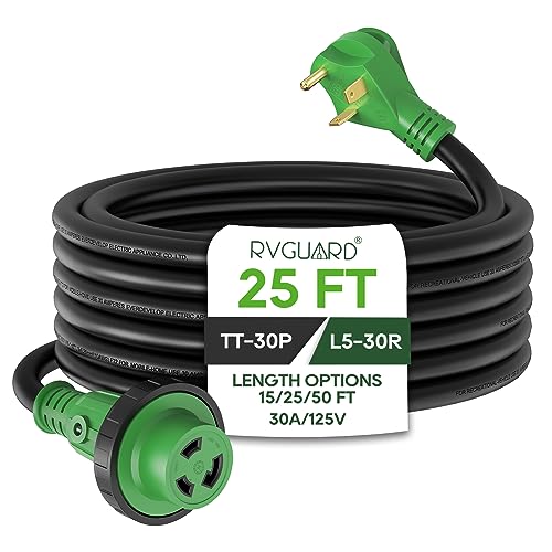 RVGUARD 30 Amp 25 Foot RV Power Extension Cord, Heavy Duty STW Cord with LED Power Indicator and Cord Organizer, 30 Amp Male Standard to 30 Amp Female Locking Connector, Green, ETL Listed - size: 25 Foot