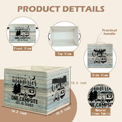 Rustic Camping Camper Storage Bin Box with Handles, Making Memories One Campsite at a Time Foldable Linen Fabric Laundry Basket for Home Bedroom Bathroom Clothes Toys Books(Blue) - color: Blue