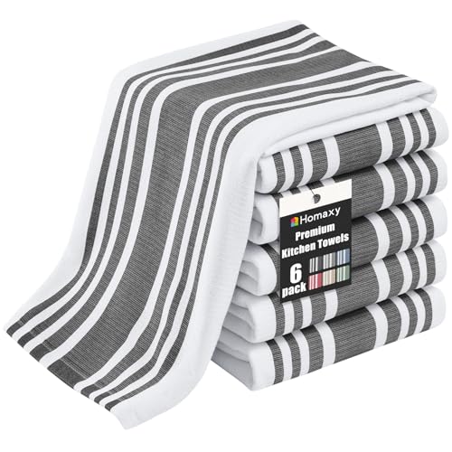Homaxy Premium Kitchen Towels 18”x 28”, Large Cotton 380 GSM Kitchen Hand Towels, Stripe and Terry Dish Towel, Highly Absorbent Tea Towel Set with Hanging Loop, 6 Pack, Black - color: Black Stripe, style: 6-pack