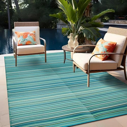 Rugshop Contemporary Stripe Reversible Crease-Free Waterproof Premium Recycled Plastic Outdoor Rugs for Patio,Backyard,RV,Deck,Picnic,Trailer,Beach,Camping Rug 4' X 6' Blue - size: 4' x 6' (Rectangular)
