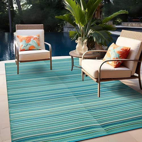 Rugshop Contemporary Stripe Reversible Crease-Free Waterproof Premium Recycled Plastic Outdoor Rugs for Patio,Backyard,RV,Deck,Picnic,Trailer,Beach,Camping Rug 4' X 6' Blue - size: 4' x 6' (Rectangular)