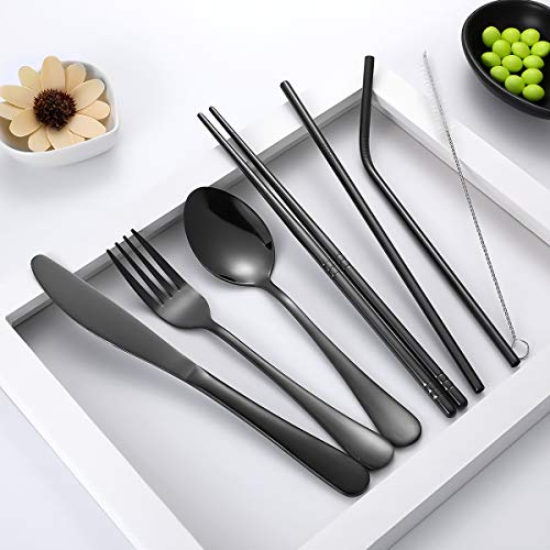 Travel Utensils,Reusable Silverware Set To Go Portable Cutlery Set with a Waterproof Carrying Case for Lunch Boxes Workplace Camping Picnic (Black) - color: Black