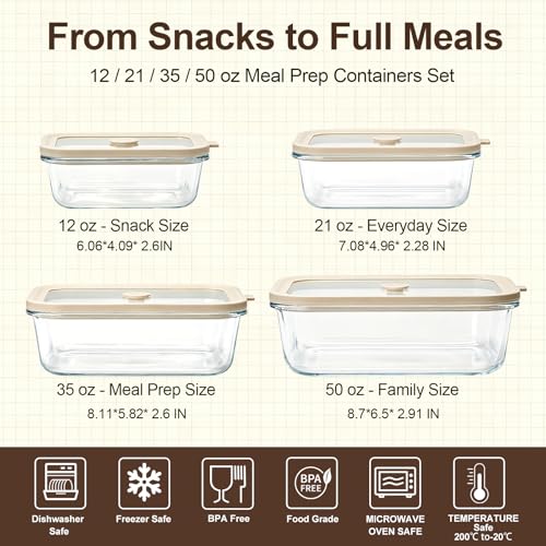 4 Pack Glass Meal Prep Containers with Glass Lids, Plastic-Free Glass Food Storage Containers, Multi-Size Glass Food Prep Containers for Lunch, Leftovers, Microwave, Freezer (12, 21, 35, 50 oz) - size: Multi-Size