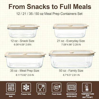 4 Pack Glass Meal Prep Containers with Glass Lids, Plastic-Free Glass Food Storage Containers, Multi-Size Glass Food Prep Containers for Lunch, Leftovers, Microwave, Freezer (12, 21, 35, 50 oz) - size: Multi-Size