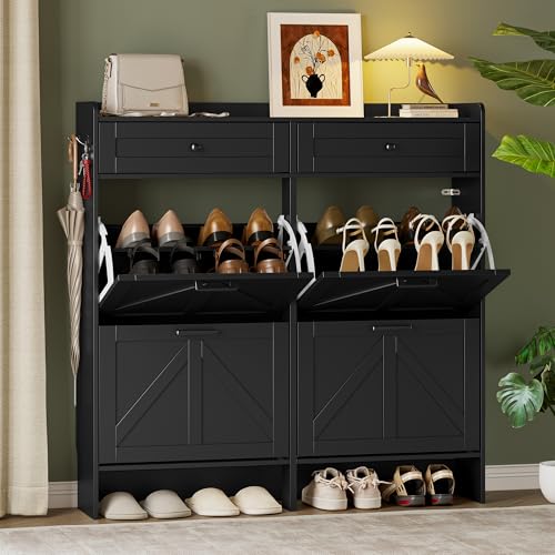 BORNOON Shoe Storage Cabinet for Entryway, Farmhouse Wide Shoe Cabinet with 4 Flip Drawers and 2 Top Drawers, Freestanding Organizer with Adjustable Shelves, Hooks, and Anti-Tip Kit for Hallway - color: Black, size: 4 Flip Drawer
