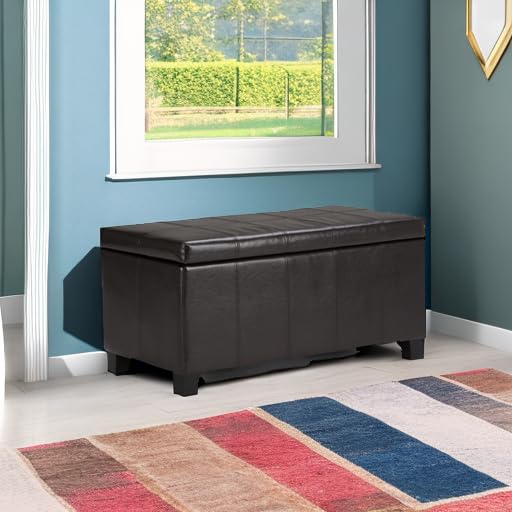 SIMPLIHOME Dover Storage Ottoman Bench - 36 inch Wide Upholstered Vegan Leather Rectangular Lift-Top Ottoman in Tanners Brown, Contemporary Bench for Living Room with Safety Hinges - color: Tanners Brown