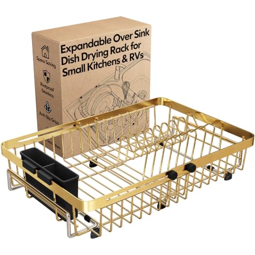 MAJALiS Gold Dish Drying Rack Over The Sink with Utensil Holder | Expandable Stainless Steel Dish Drainer for Small Kitchen, Apartment, RV, Counter Space Saving, Perfect Fit, Rustproof - color: Gold, size: For 13-30" W Sink