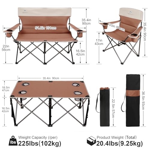 Camping Chair Set of 3, Outdoor Folding Camping Chairs for Heavy People with Cup Holder & Carry Bag,Collapsible Chair Include One Sofa Chair and Two Single Chair,Support up to 500lbs - color: Moca-4pcs