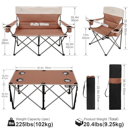 Camping Chair Set of 3, Outdoor Folding Camping Chairs for Heavy People with Cup Holder & Carry Bag,Collapsible Chair Include One Sofa Chair and Two Single Chair,Support up to 500lbs - color: Moca-4pcs