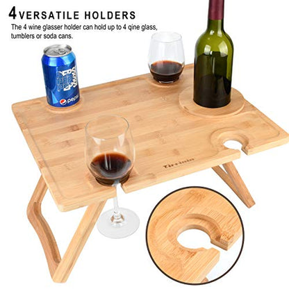 Tirrinia Portable Wine Picnic Table, Ideal Wine Gift for Women Men, Outdoor Folding Table & Beach Charcuterie Board with Wine Glasses Holder for Camping, Park, Party, Garden Concerts, Wooden - size: 17" x 13"