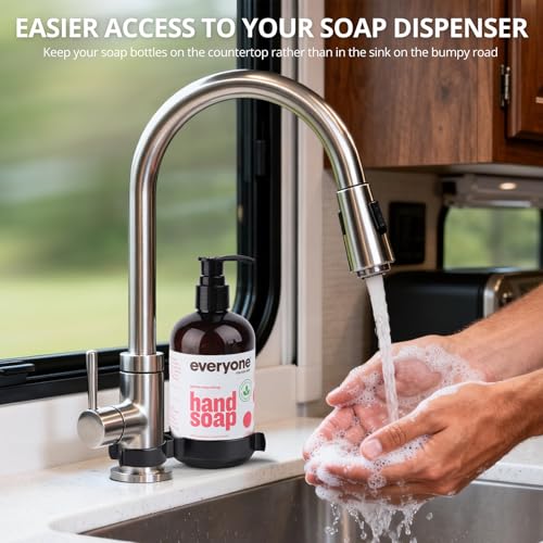 RV Round Soap Dispenser Holder, Durable Stainless Steel Organization Accessories to Secure Soap Bottle, for Camper, Camper Van or Motorhome, Fits Round RV Faucets & Bottles, Easy Snap-On, Space-saving