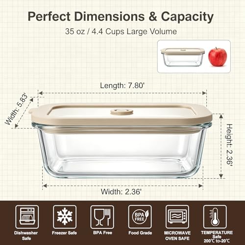5 Pack 35 oz Glass Meal Prep Containers, Plastic-Free Glass Food Storage Containers with Lids, 4.4 Cups Airtight Glass Lunch Containers for Leftovers, Microwave, Oven, Freezer and Dishwasher - size: 35oz