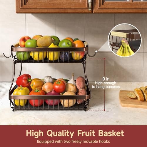 Sevenblue 2 Tier Large Fruit Basket for Kitchen Counter with 2 Mobile Banana Hangers, 2026 Pro Detachable Metal Fruit Bowl with Wooden Handle (Brown, 2 Tier Extra Large) - color: Brown, size: 2 Tier Extra Large
