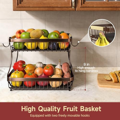 Sevenblue 2 Tier Large Fruit Basket for Kitchen Counter with 2 Mobile Banana Hangers, 2026 Pro Detachable Metal Fruit Bowl with Wooden Handle (Brown, 2 Tier) - color: Brown, size: 2 Tier Standard