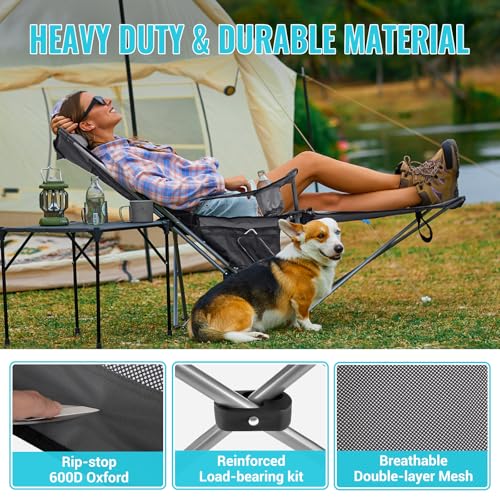#WEJOY 2-in-1 Reclining Camping Chair with Footrest for Adults Folding Lounge Chair with Adjustable Backrest Lightweight Camping Chairs Heavy Duty Camp Chairs for Outdoor - color: Grey Black