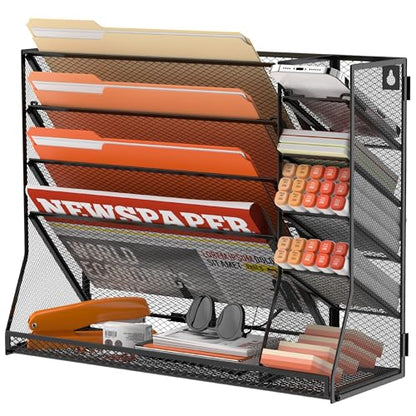 SUPEASY Wall File Organizer, 5-Tier office wall organizer with 4 Pen Holders, Wall Organizer for Office with R-shaped Bottom Tray, Metal Desk Organizer for Office, School, Home, Black