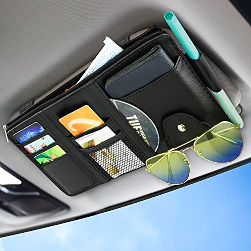Car Sun Visor Organizer, Leather Pocket Organizer Sunglass Holder for Car Interior Accessories with Multi-Pocket Net Zipper, Black - color: Black
