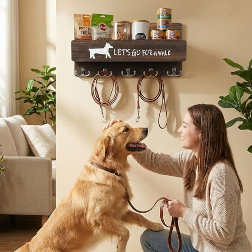 Wood Dog Leash Holder for Wall, Key Hangers with 5 Double Key Hooks, Dog Leash Hanger Wall Mounted for Entryway, Farmhouse Treats,35cm,Brown - color: Brown