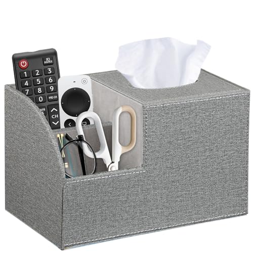 Square Tissue Box Cover with Storage, PU Leather Cube Tissue Box Holder, Remote Control Nightstand Organizer, Modern Desk Caddy for End Table, Bathroom, Bedroom, Home, Office Decor(Grey) - color: Gray