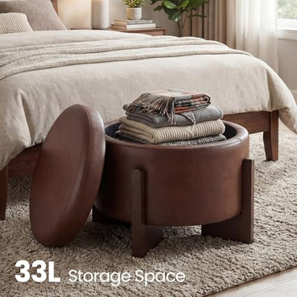 Faux Leather Round Ottoman, 22 Inch Storage Ottoman,PU Leather Ottoman,Multi-Functional Footrest for Living Room & Bedroom,Apartments (Dark Brown, Round) - color: Dark Brown