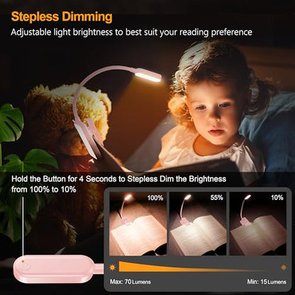 Gritin 16 LED Rechargeable Book Light for Reading in Bed- Eye Caring 3 Color Temperatures, Stepless Dimming Brightness, 80 Hrs Runtime, Lightweight Flexible Clip on Light for Book Lovers-Pink | Eye Caring 3 Color Temperatures, Stepless Dimming Brightness,