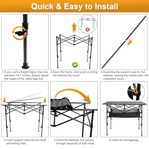 Folding Camping Table, Outdoor Roll-up Table Height Adjustable & Portable Metal Camp Grill Table for Picnic, BBQ, Party, Backyard, Beach, Mesh Storage and Carry Bag (Ash Black, 47.24'' X-Large) - size: 47.24'' X-Large