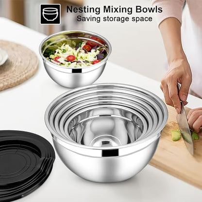 E-far Mixing Bowls with Lids Set, 21PCS Stainless Steel Salad Mixing Bowls with 3 Grater Attachments, Size 7, 4.6, 3.5, 2.6, 2, 1.5, 1QT, Nesting Design & Black Airtight Lid, For Baking/Prepping - color: Black, size: 7 Large Sizes