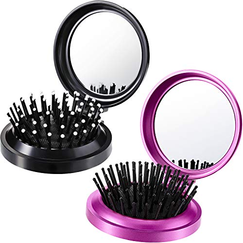 Boao 2 Pack Foldable Travel Mirror Hair Brushes Round Portable Folding Pocket Hair Brush Mini Comb Compact Travel Size Massage Comb for Men Women (Black, Purple) - color: Black, Purple, style: Round