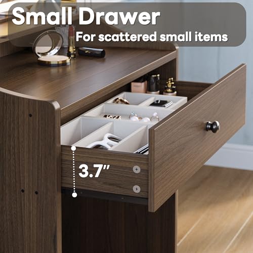LIKIMIO Small Makeup Vanity Desk with Mirror and Lights, Vanity Table Set with Storage Drawer, Chair and Three Shelves, Bedroom, Walnut - color: Walnut