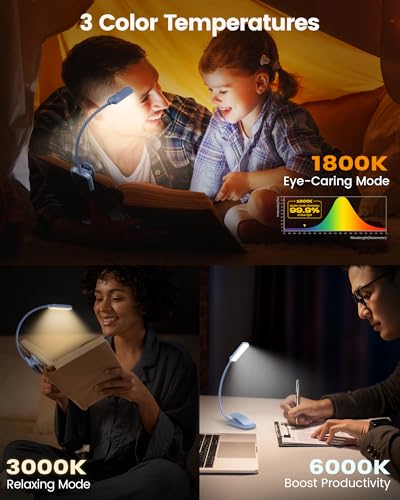 Glocusent 13 LED Rechargeable Book Light for Reading at Night, Eye-Caring 3 Amber Colors & Stepless Dimming, Lasts 1 Week to 2 Months, Travel Clip on Lamp, Gifts for Book Lovers, Men, Women & Kids - color: Lake Blue