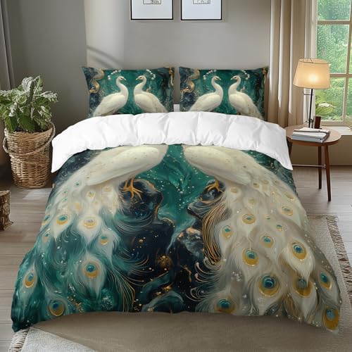 AILONEN White Peacock Bedding Set King Size with 2 Pillowcases,Green & Gold Watercolor Marbling Duvet Cover,3-Piece Luxury Animals Comforter Cover Set for Bedroom Decor - color: Peacock9, size: King