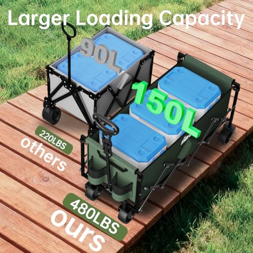 Extra Long Collapsible Wagon Cart, 480LBS Heavy Duty Utility Wagons with All-Terrain Wheels, Foldable Grocery Carts for Gardening, Shopping, Beach, Camping, Army Green - color: Army Green
