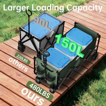Extra Long Collapsible Wagon Cart, 480LBS Heavy Duty Utility Wagons with All-Terrain Wheels, Foldable Grocery Carts for Gardening, Shopping, Beach, Camping, Army Green - color: Army Green