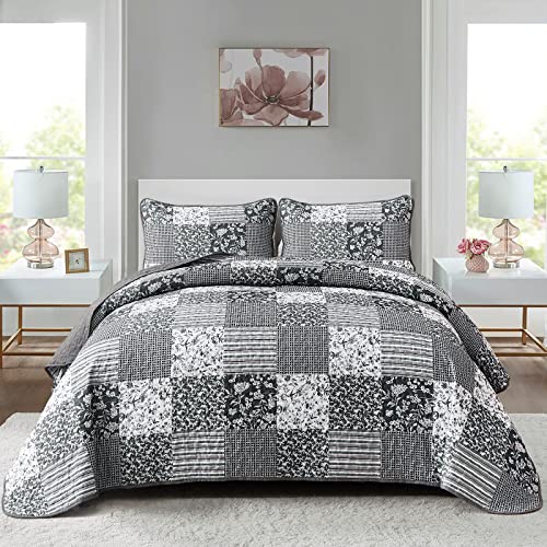 Mybedsoul Black Grey Boho Quilt Set Queen Size,3 Pieces Plaid Floral Bedspread Coverlet Set for All Season,Patchwork Reversible Bedding Set 90"x96" - color: Black Grey, size: Queen