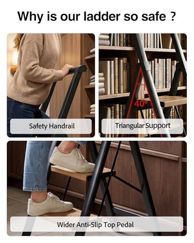 3 Step Ladder,Folding Step Stool with Aluminum Wide Pedal& Convenient Handgrip,330lbs Capacity Steel Ladder for Household and Office(Black &Woodgrain) - color: Black&woodgrain, size: 3 Step