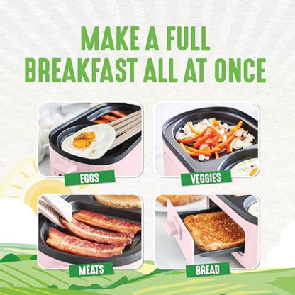GreenLife 3-in-1 Breakfast Maker Station, Healthy Ceramic Nonstick Dual Griddles for Eggs Meat Sausage Bacon Pancakes and Breakfast Sandwiches, 2 Slice Toast Drawer, Easy-to-use Timer, Pink - color: Pink